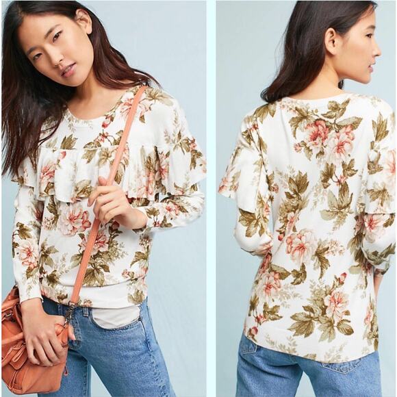 New Anthropologie Floral Ruffled Pullover by Harlyn $118 Size Small Long Sleeve - Picture 5 of 5